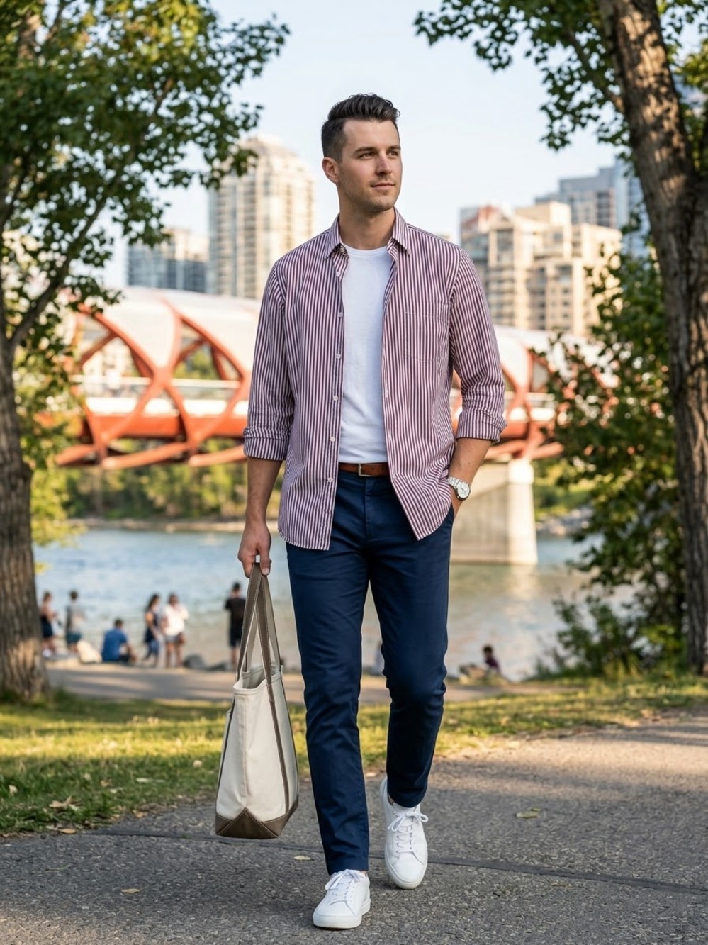 Men's Long-Sleeve Burgundy & White Stripe Dress Shirt